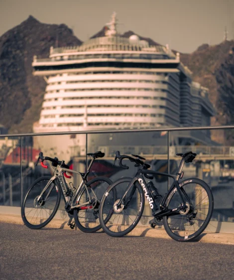 Road Bikes Parked near a Cruise Ship