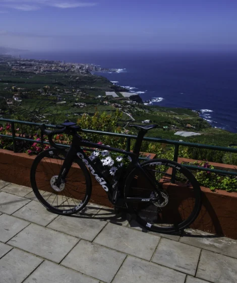 Road Bike Parked in a Viewpoint Overlooking a City and the Ocean