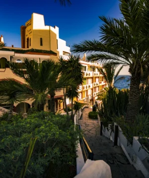 Building With Palm Trees and Body of Water in the Background