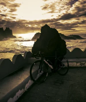Bicycle Parked on Stone Walkway by Body of Water