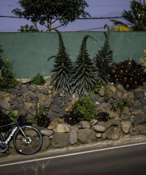 Bicycle Parked Next to Rock Wall and Road
