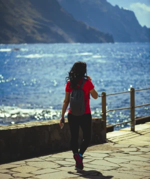 Person Walking on Stone Path Near Body of Water
